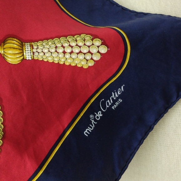 Vintage Authentic Must De Cartier Dark Blue  and Red Silk Square Scarf - Picture 2 of 9